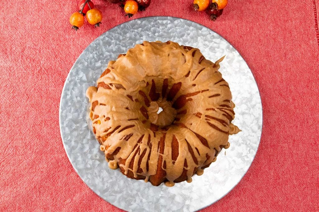 Apple cider pound cake on silver plate.