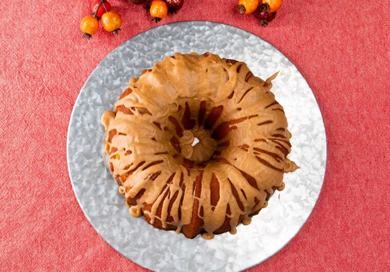 apple cider pound cake on silver plate