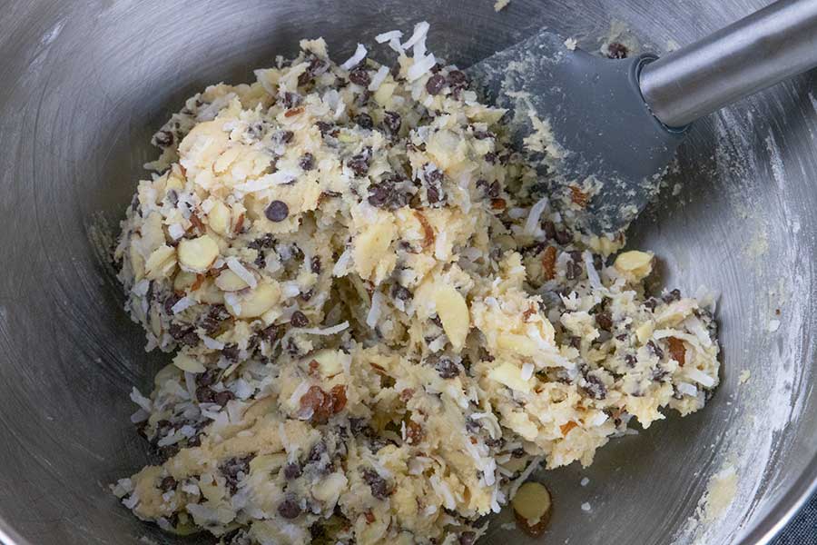 Cookie dough in mixing bowl.