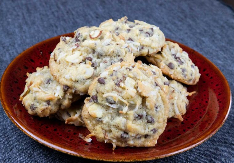 almond joy cookies on red plate