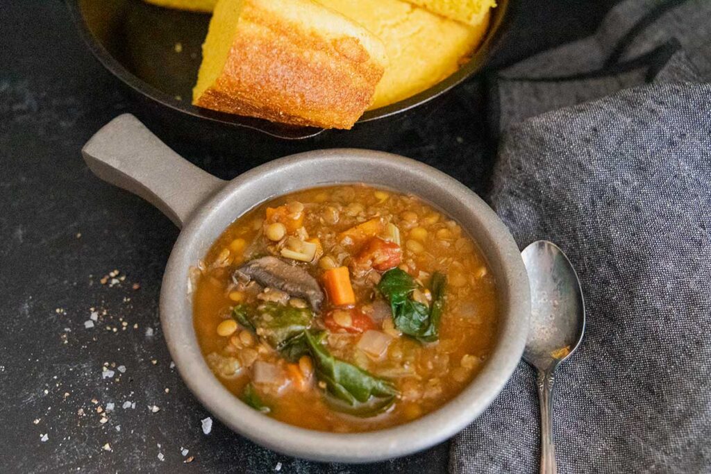 Lentil soup with cornbread.