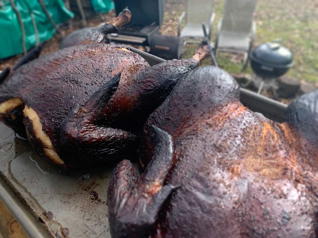 Two smoked chickens right out of the smoker