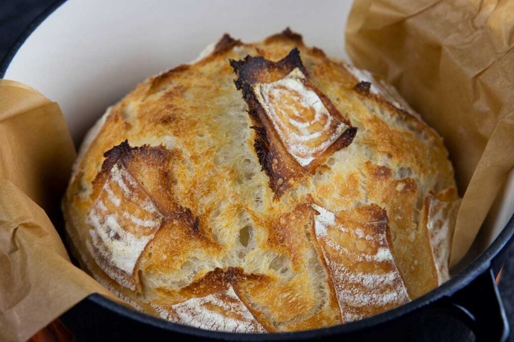 sourdough bread in a dutch oven.