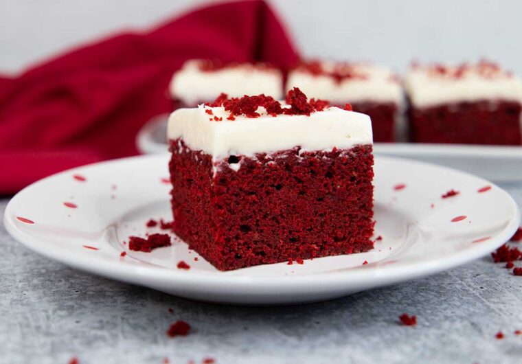 red velvet brownie on a white plate