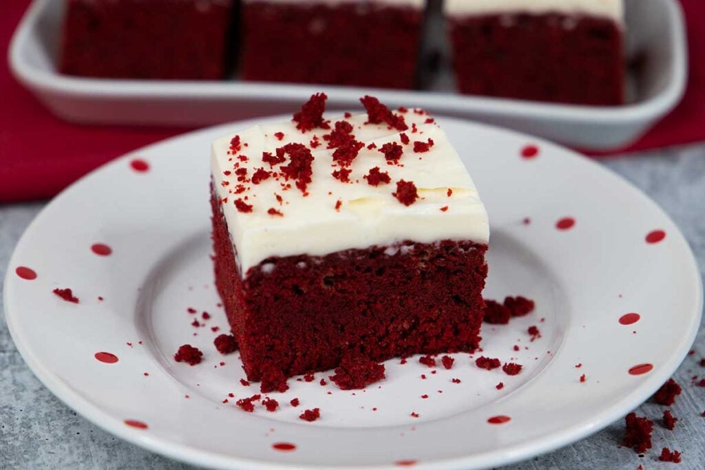 red velvet brownie on a white plate
