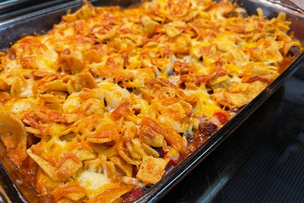 Frito pie casserole right out of the oven