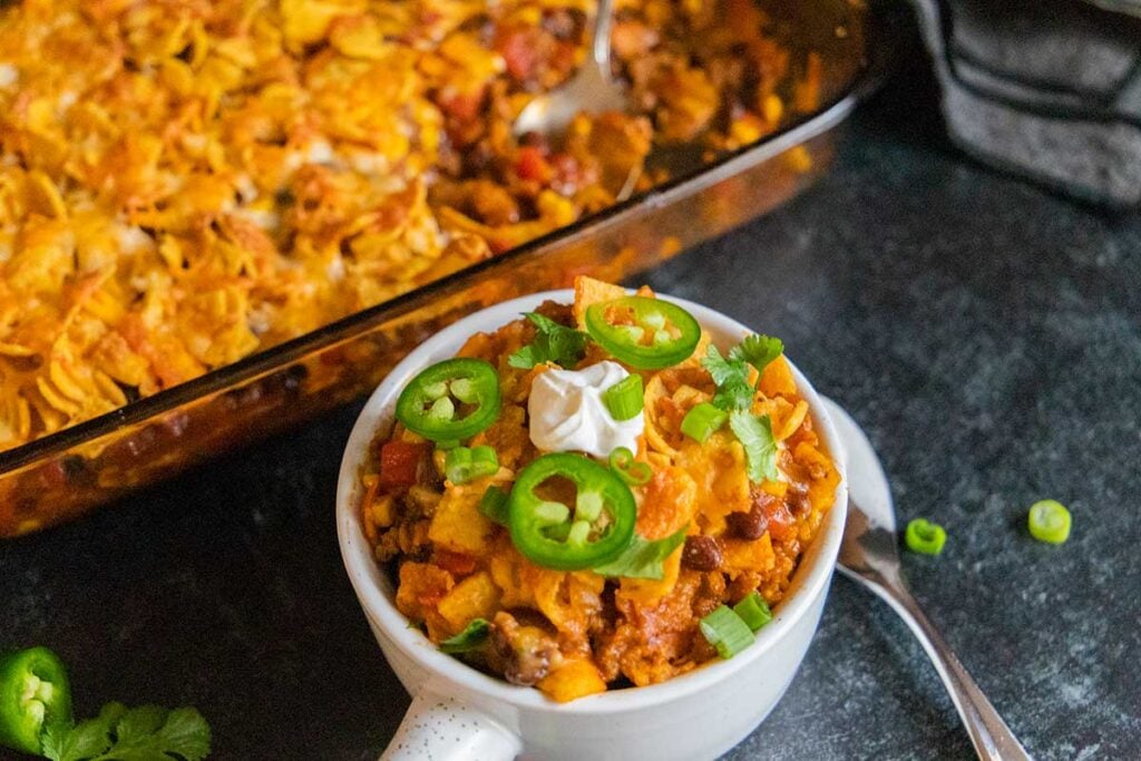 Frito Pie Casserole in a white bowl