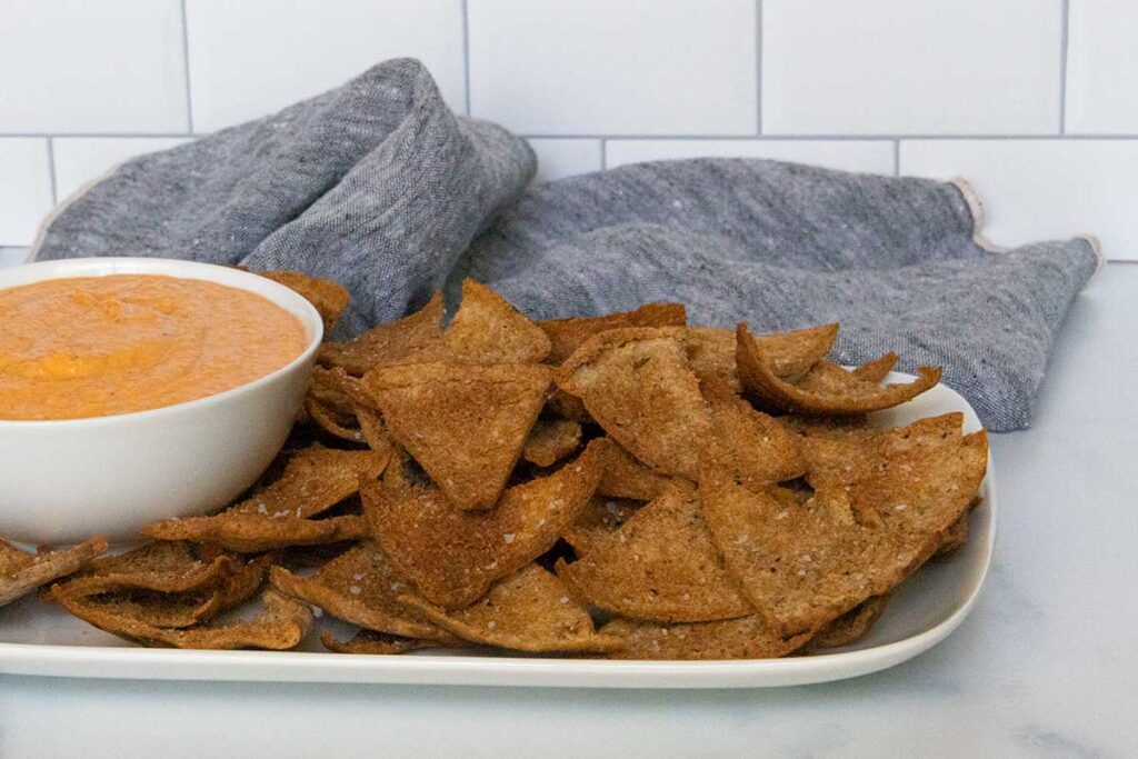 Homemade pita chips with dip