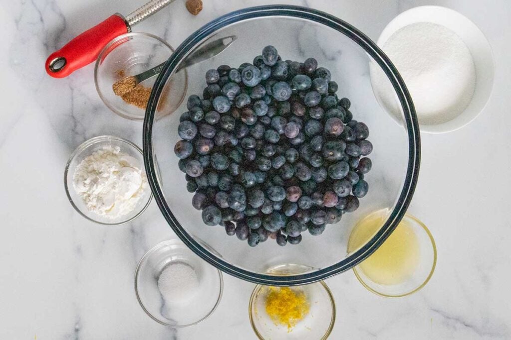 blueberries in a glass bowl with spices in smaller bowls around it