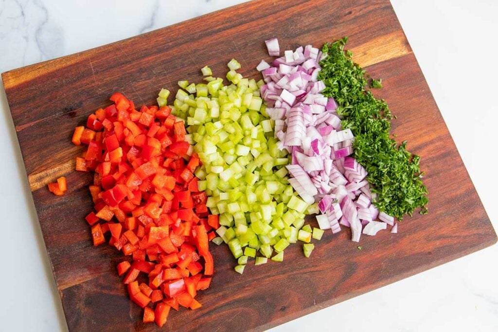 diced red bell pepper, diced cerlery, diced red onion and minced parsley