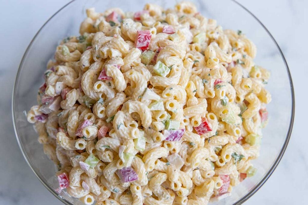 macaroni salad in a glass bowl