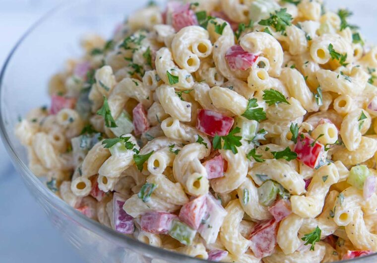 macaroni salad in a glass bowl