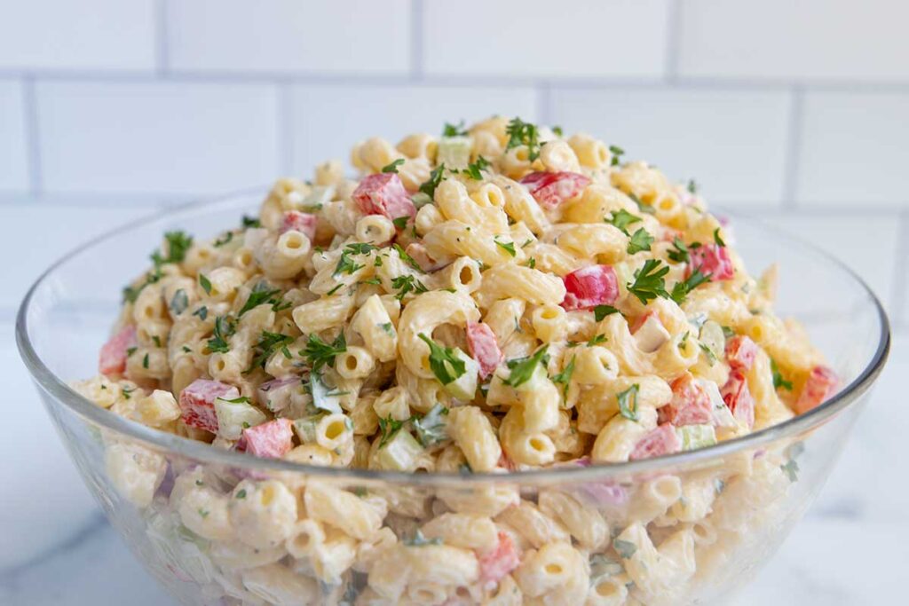 macaroni salad in glass bowl