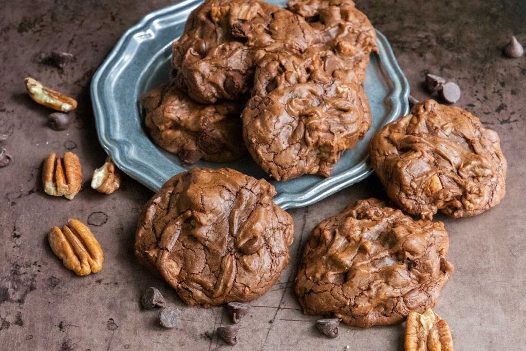 Brownie cookies on a silver plate.