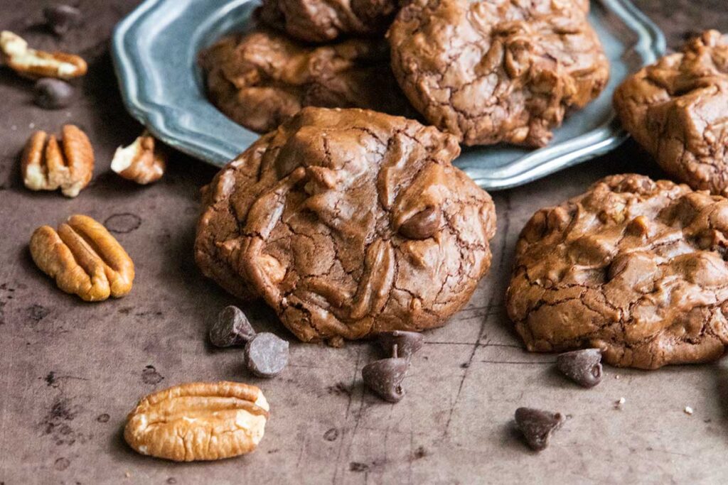 Brownie cookies on a silver plate.