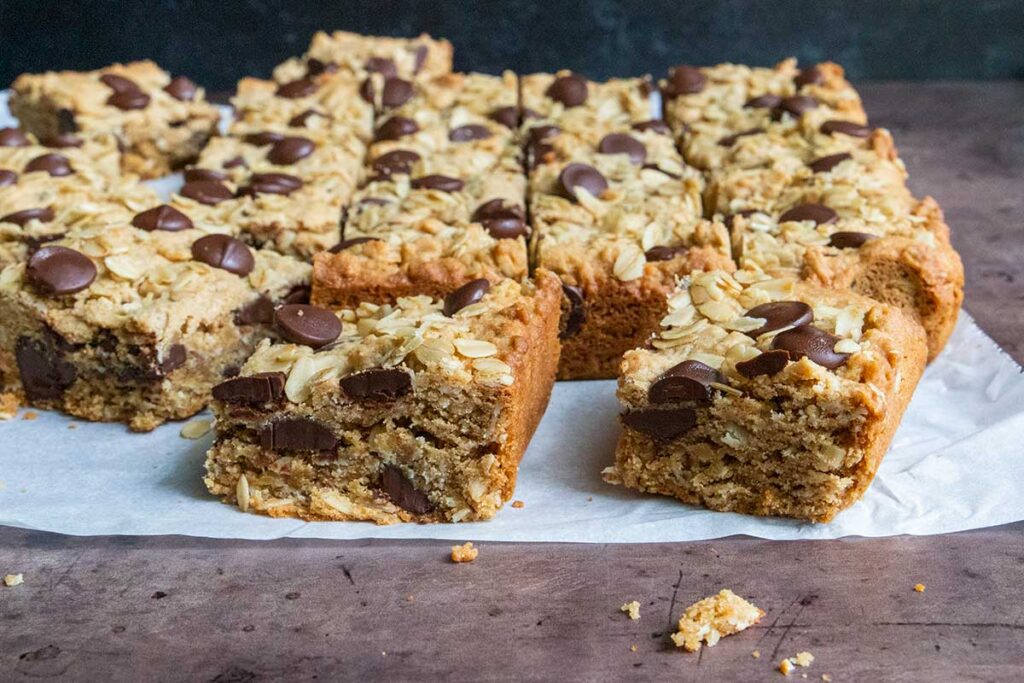 oatmeal chocolate chip bars on parchment paper