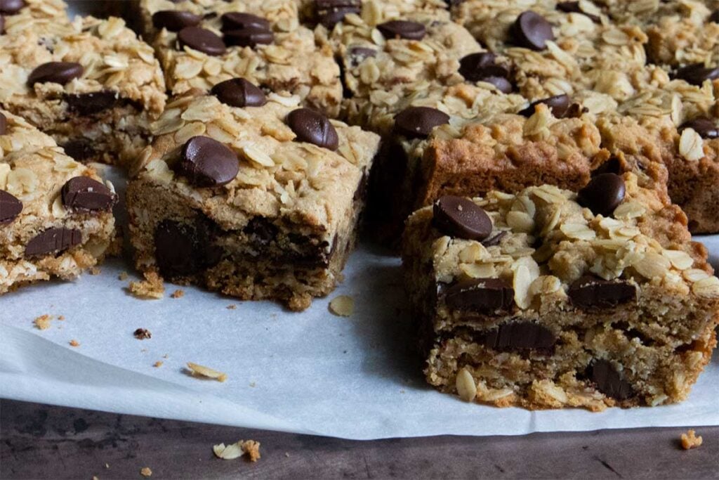 oatmeal chocolate chip bars on parchment paper