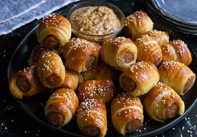 sausage pretzel bites with mustard
