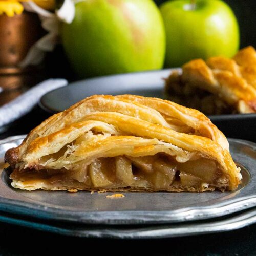 slice of apple strudel on a silver plate