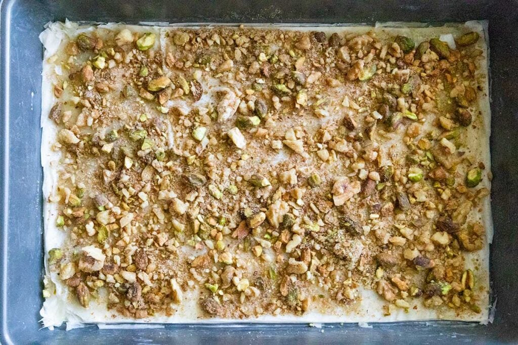 baklava pastry and nut mixture layer