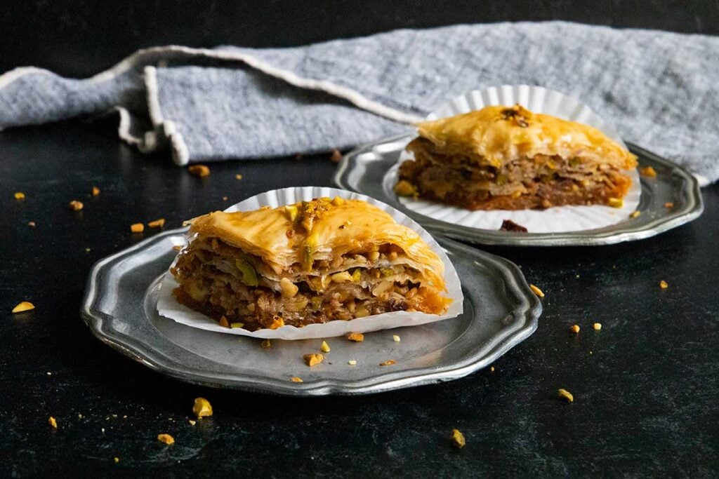 baklava on sliver plates