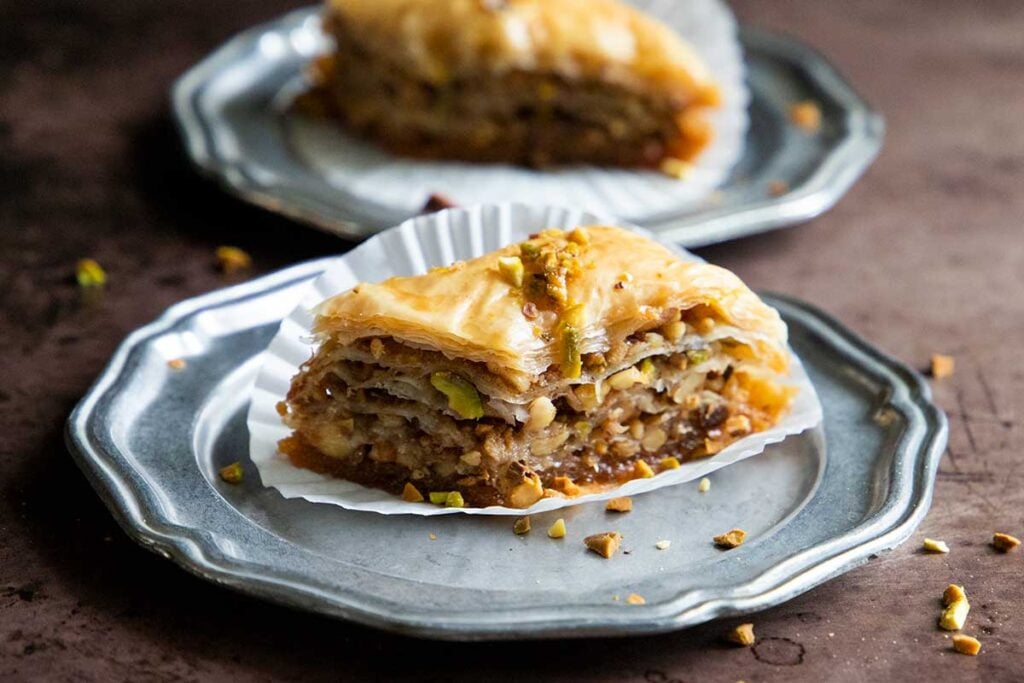 baklava on sliver plates