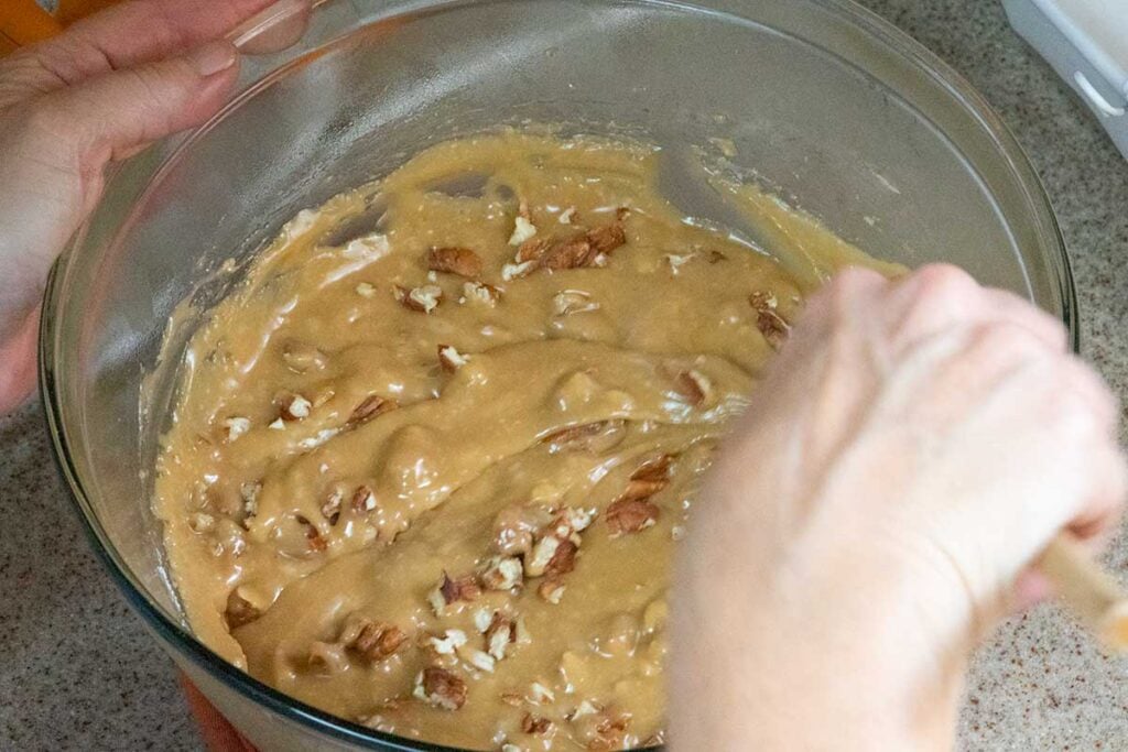 pecans stirred into fudge mixture