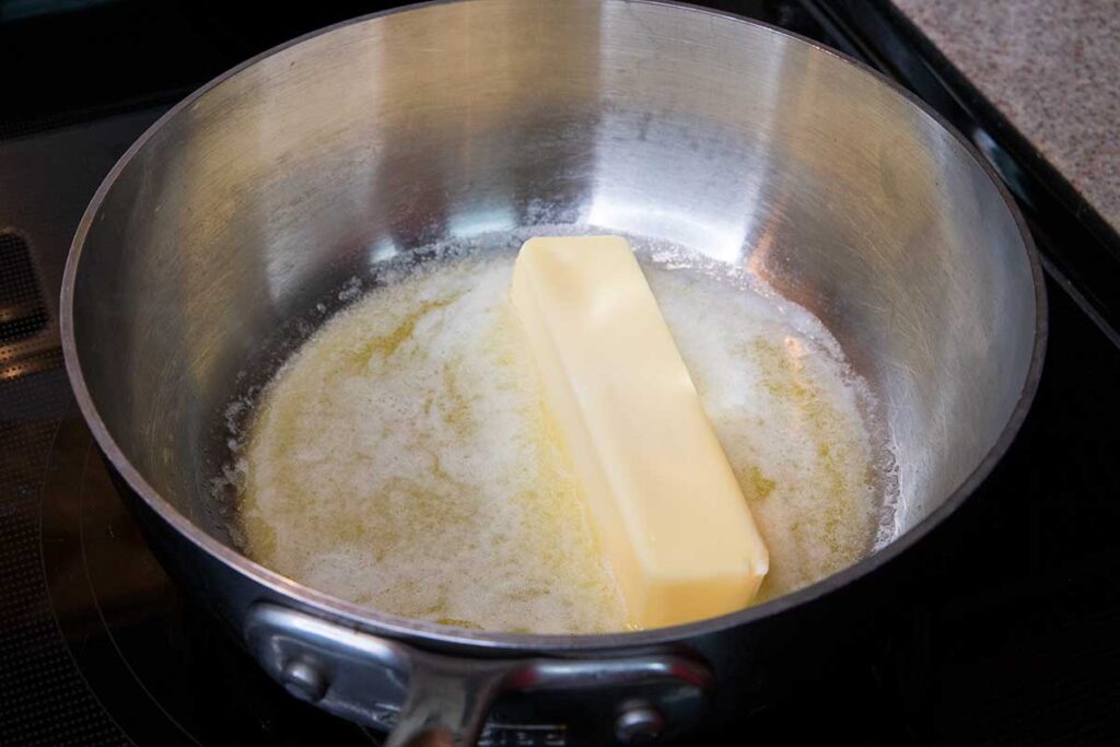 Butter melting in a sauce pan.