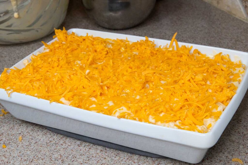 Macaroni and cheese about to go into the oven.