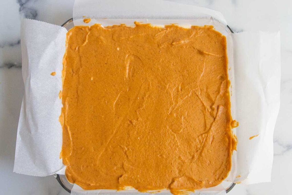 pumpkin layer in the baking pan