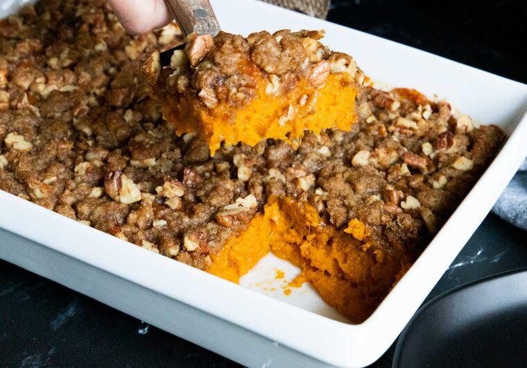 slice of casserole coming out of the pan