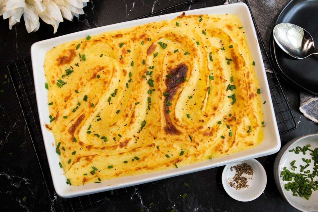 Whipped potatoes in a casserole dish.