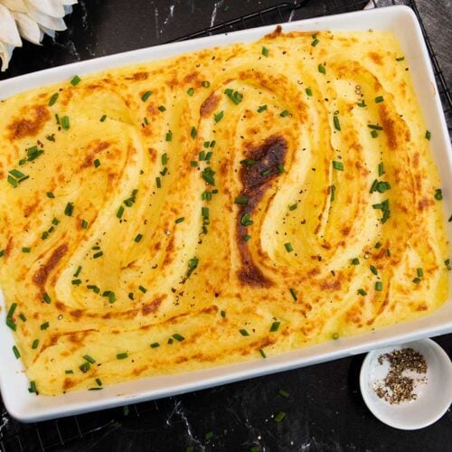 Whipped potatoes in a casserole dish.