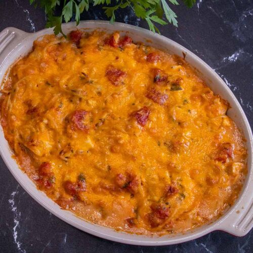 chicken spaghetti in red casserole