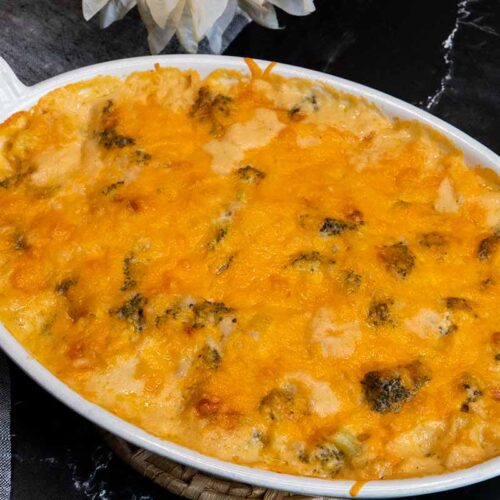 broccoli rice casserole in a white pan
