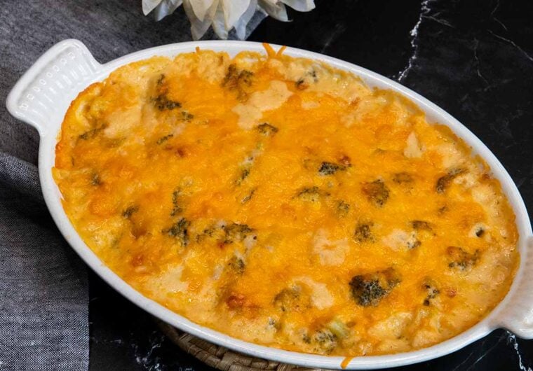 broccoli rice casserole in a white pan