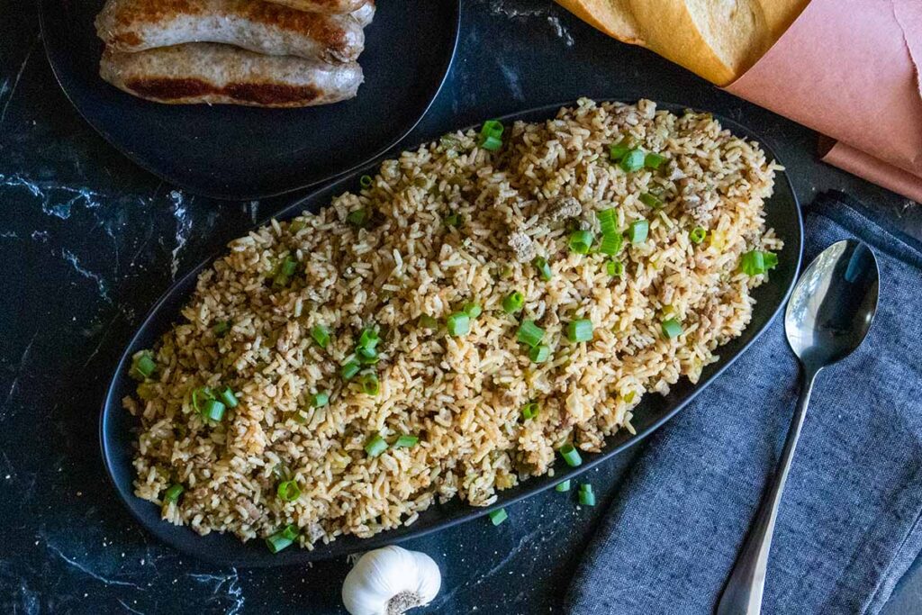 overhead shot of cajun dirty rice