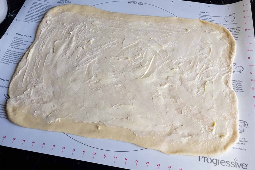 dough in a rectangle shape with butter all over it