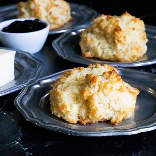buttermilk drop biscuits on silver plates
