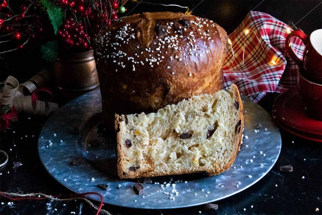 slice of panettone on silver platter