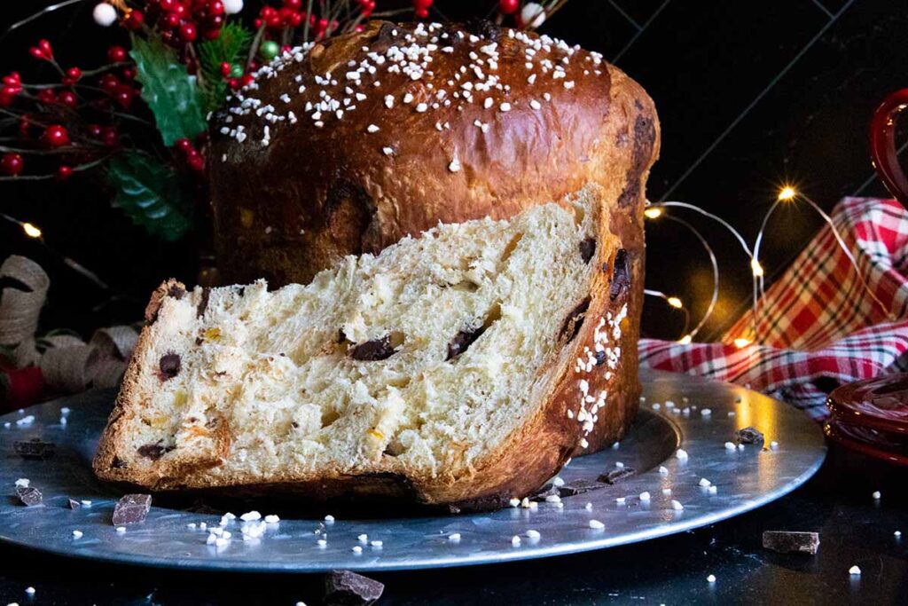 chocolate orange panettone on silver platter