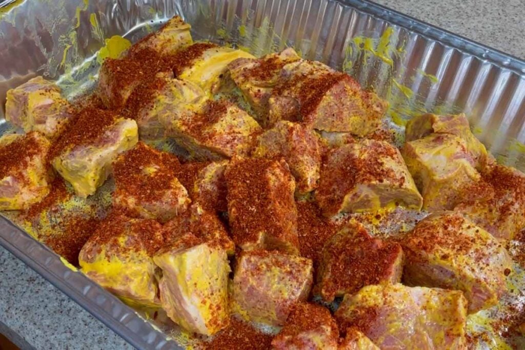 cubes of pork butt with rub