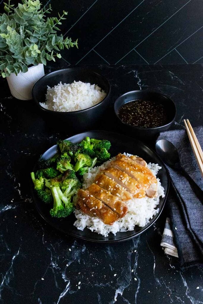 Chicken teriyaki thighs with rice and broccoli