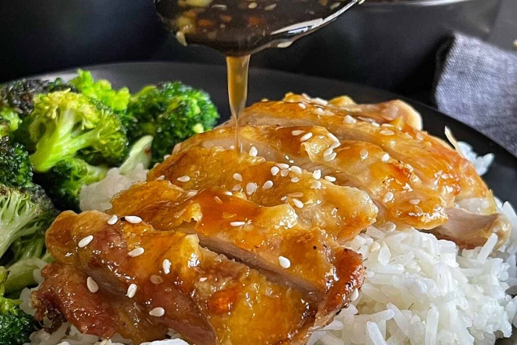 Chicken Teriyaki with rice and broccoli.