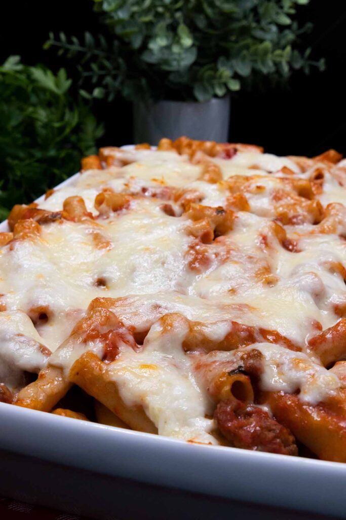 Baked ziti out of the oven