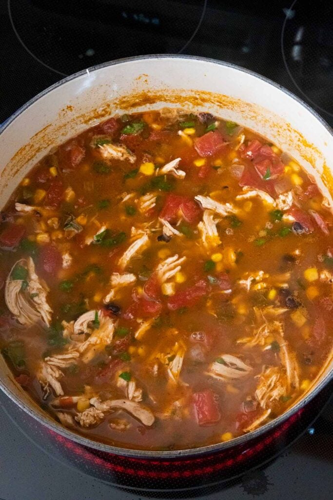Chicken tortilla soup cooking on the stove top