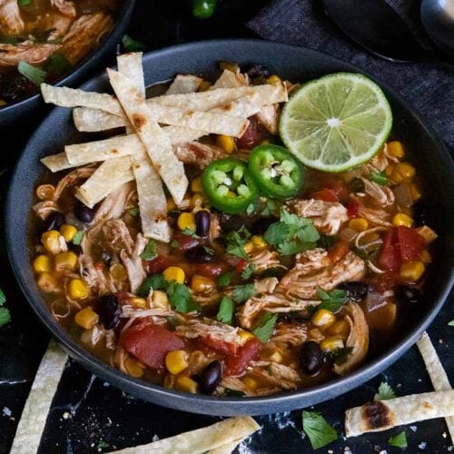 Chicken tortilla soup prepared on the stovetop
