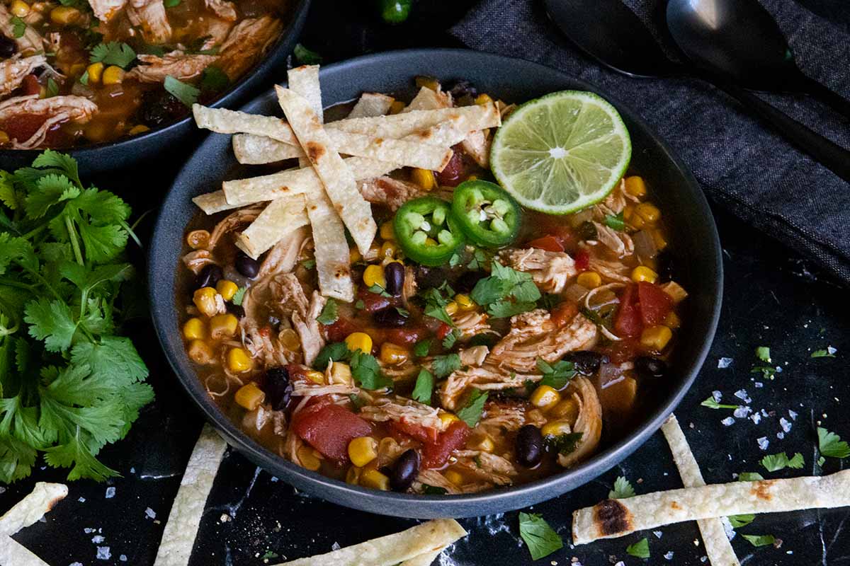 Chicken tortilla soup prepared on the stovetop