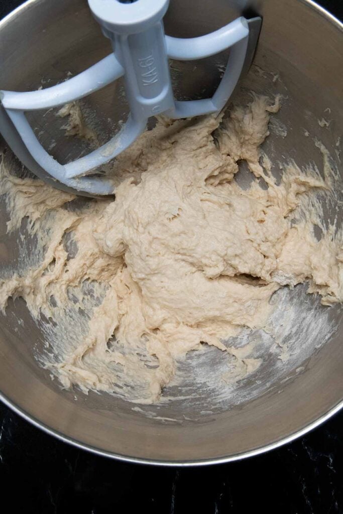 Dough in stand mixer bowl.