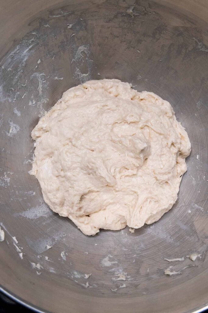 bread dough in mixing bowl